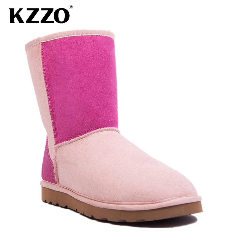 

KZZO Australia Classic Winter Snow Boots for Women Sheepskin Suede Leather Shearling Lined Mid-calf Slip on Fur Boots Warm