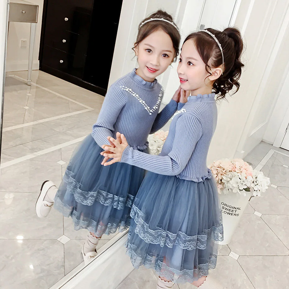 Платье для девочек лоскутное кружевное платье трикотажное платье-свитер Осеннее