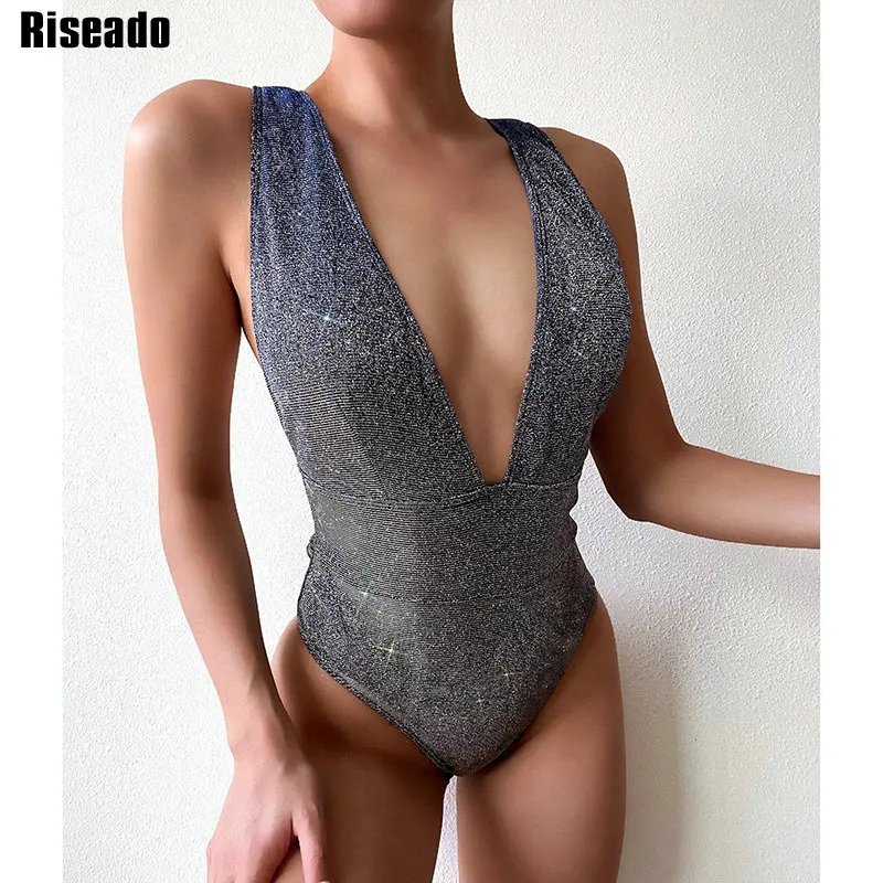 

Riseado Plunging Sexy One Pice Swimsuit Shiny Swimwear Women 2021 High Cut Women's Bodysuits Backless Bathing Suit Summer Bikini