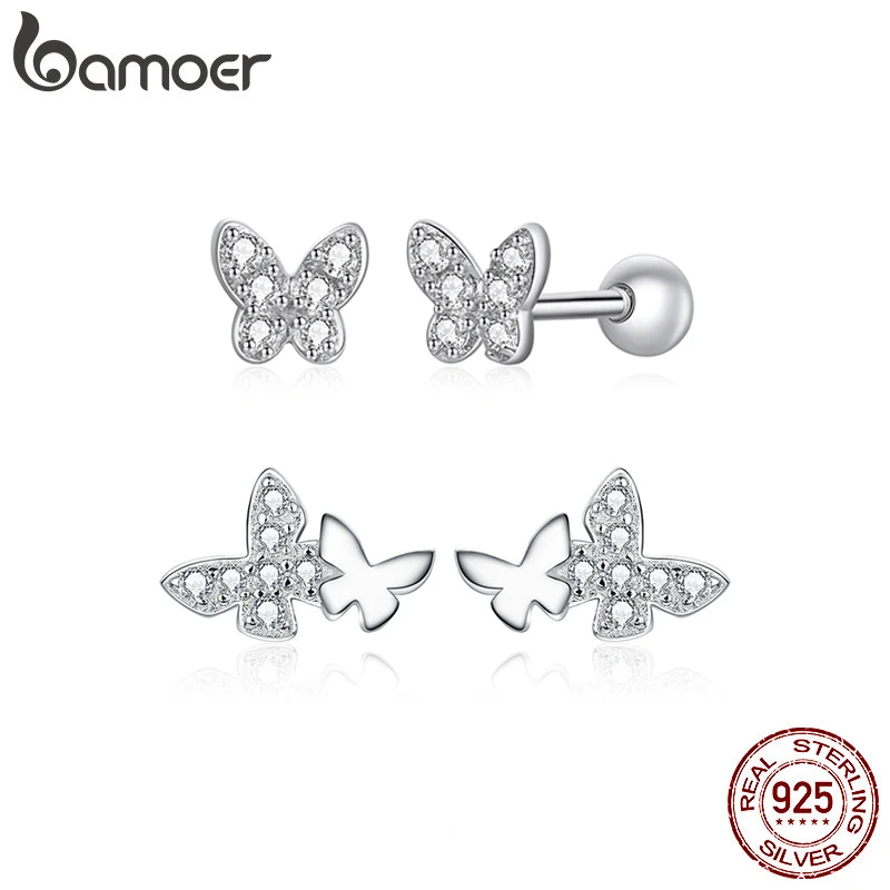 

BAMOER 925 Sterling Silver Plated Platinum Cute Butterfly Stud Earrings, Handmade 5mm Dainty CZ Hypoallergenic Earrings SCE1116