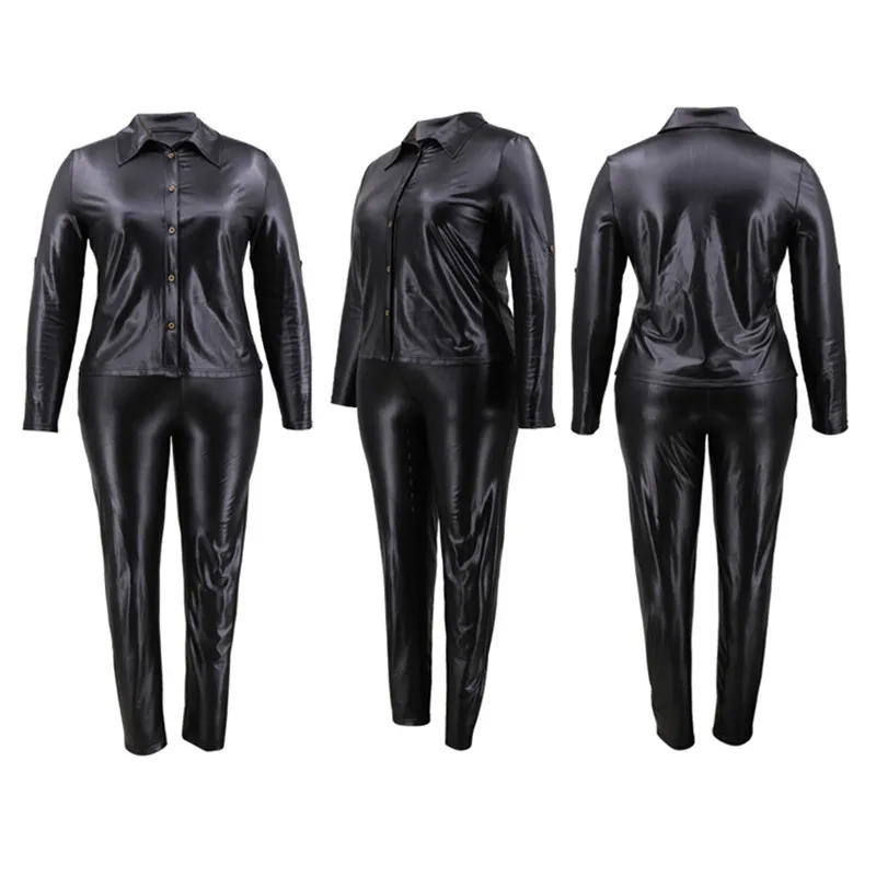 

Two Piece Pants Set Lapel Leather Suits Ladies Tracksuit Jogger Outfits Long Sleeve Plus Size Women Clothing