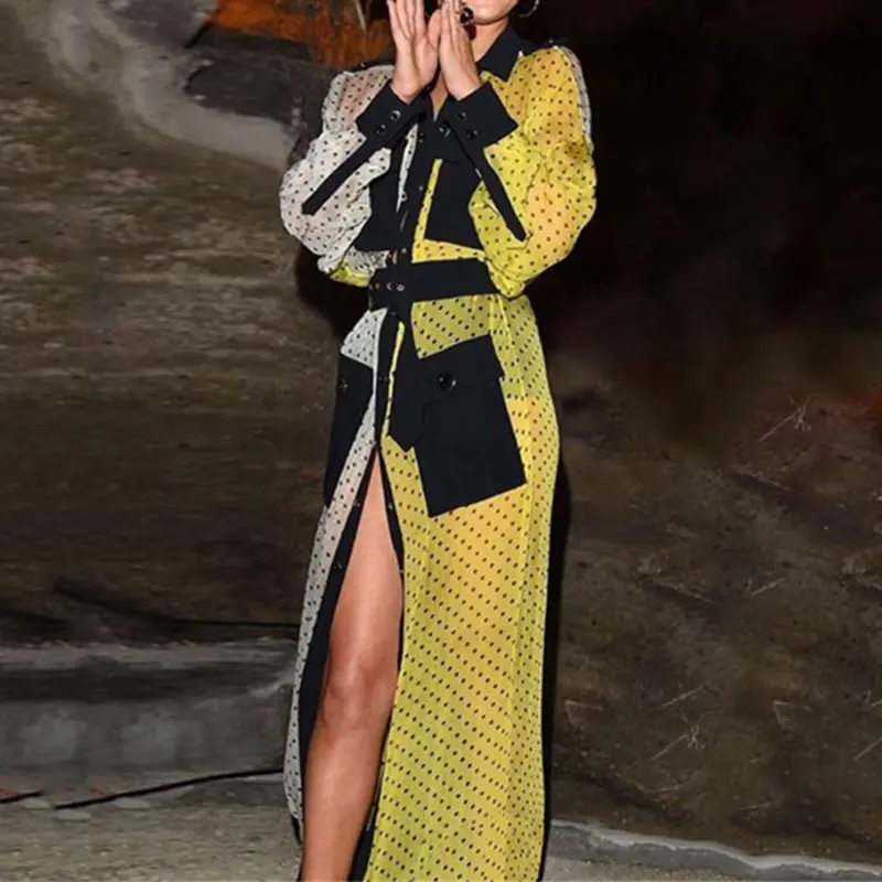 Женское длинное платье рубашка в горошек белое желтое офисное макси с отложным