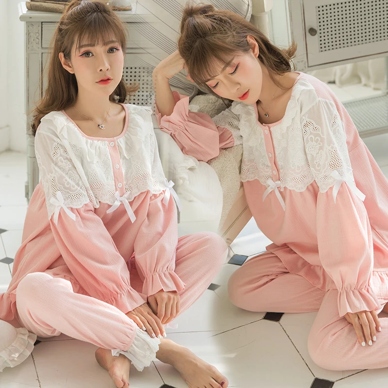 Conjunto de ropa de dormir de algod&oacute;n para mujeres embarazadas, pijama de maternidad de encaje de retales, color rosa, bonito, para lactancia materna-0
