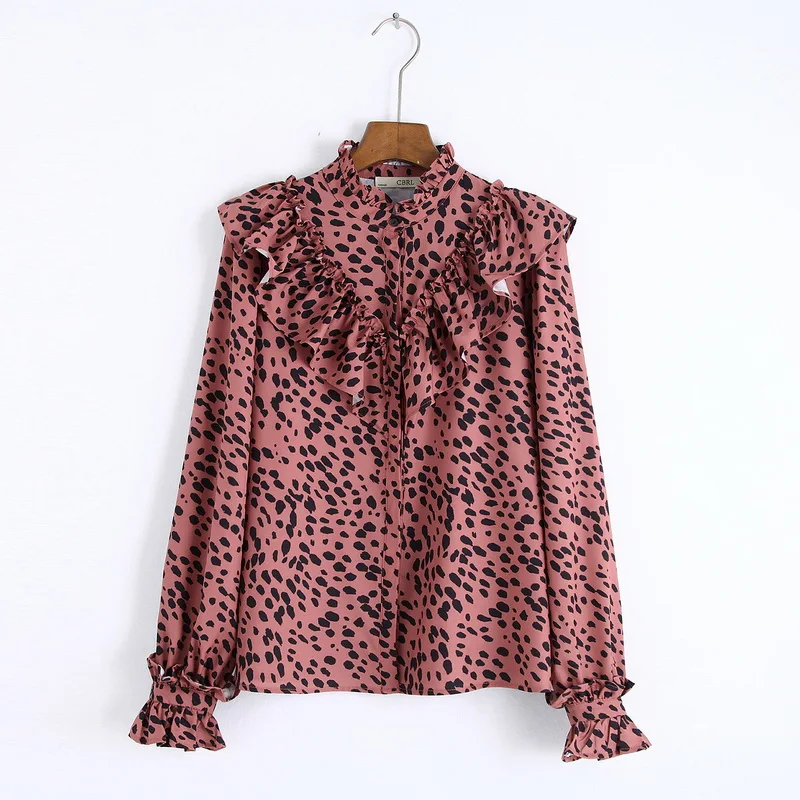 Женская рубашка с длинным рукавом винтажная Блузка оборками и принтом