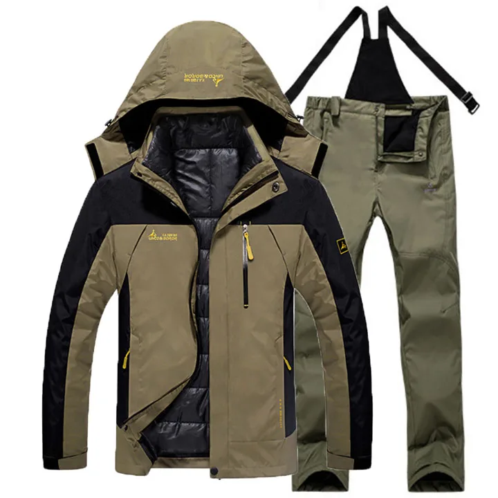 khaki green Мужская зимняя Лыжная походная куртка Костюмы на природе Рыбалка походы треккинг водонепроницаемый ветрозащитный термо 2 в 1 куртки+ съемные брюки - Цвет: khaki green