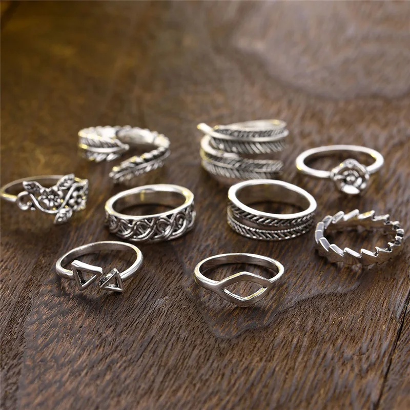 9 шт./компл. винтажные резные геометрические кольца в виде стрел Листьев цветов