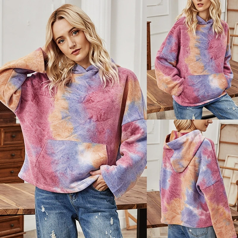 

Women Long Sleeve Oversized Sweatshirt Harajuku Colorful Tie-Dye Pullover Tops BX0B