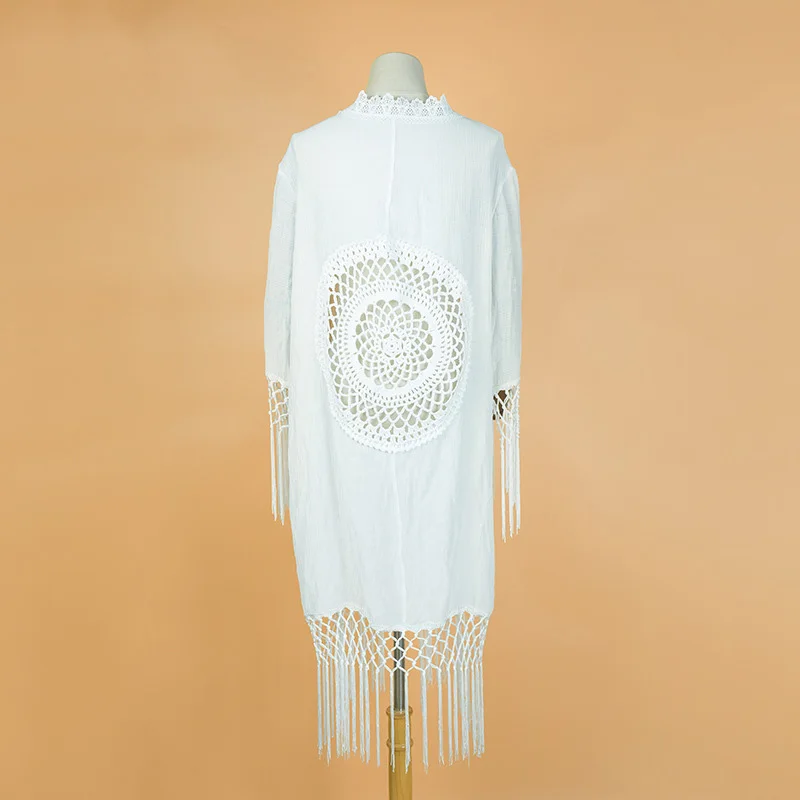 

Fitshinling Bohemian Fringe Beach Cover-Up White Bikini Long Cardigan Crochet Hollow Out Sexy Kimono Swimwear Holiday Outing New