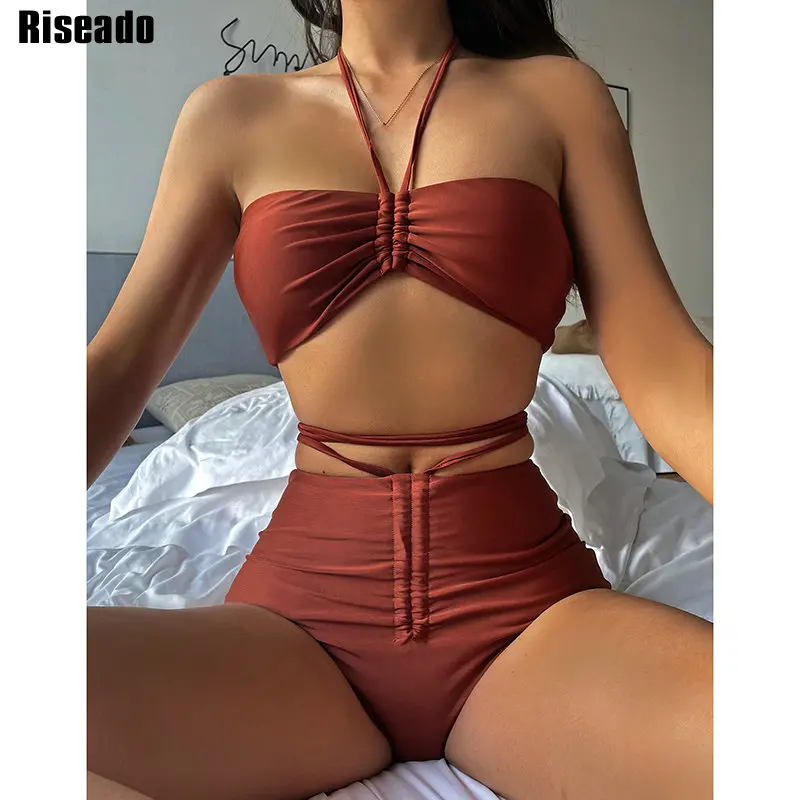 

Riseado, бикини с высокой талией, сексуальный купальник для женщин, 2022, на завязках, раздельные купальники, одноцветные бикини, женский купальны...