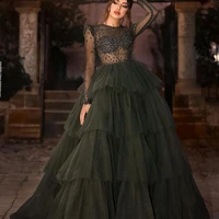 elegant green long sleeve a line evening dress tiered 2021 beads o neck prom gown floor length custom made hot sale for female