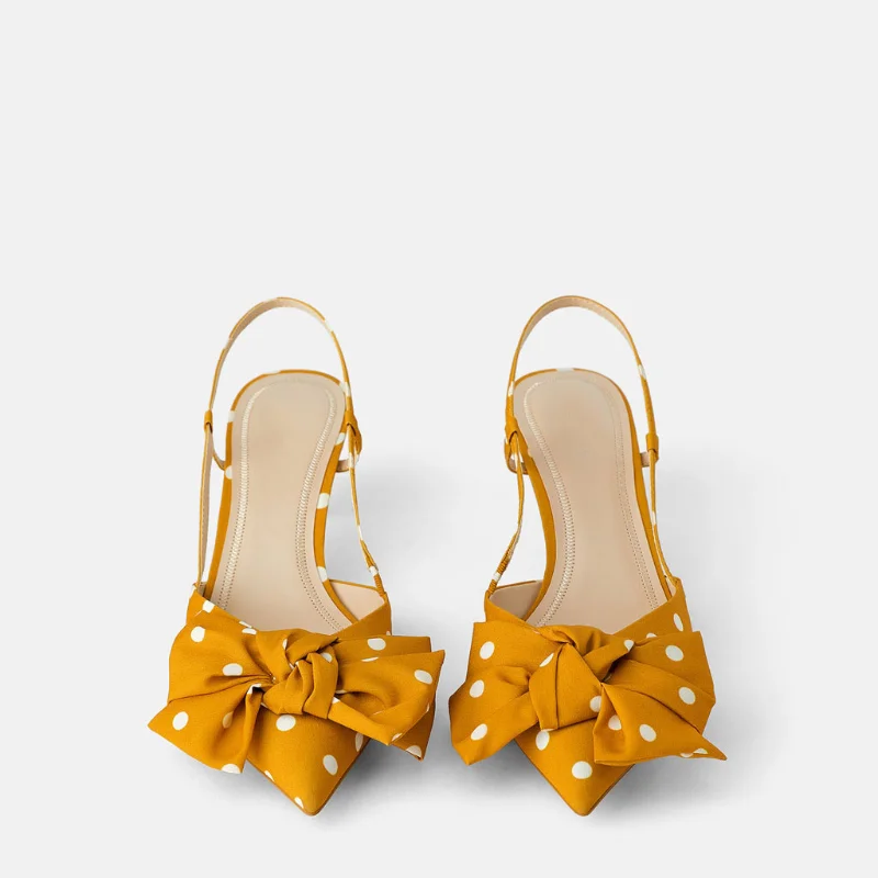 

2021 New Women's Shoes Summer Yellow Polka-Dot Bow Decorated Pointed High Heels Fashion Simple Women's Sandals