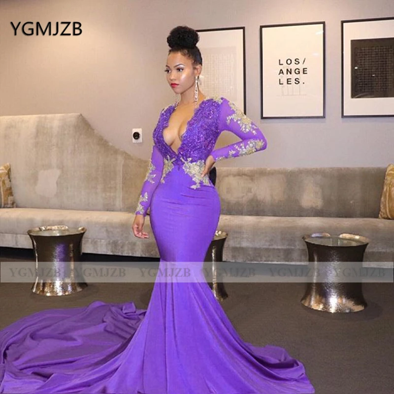 Sexy Lilac Mermaid Prom Dress 2020 Deep V Neck Long Sleeve Lace Appliques Evening Gowns Women Formal Prom Gown Party Dress