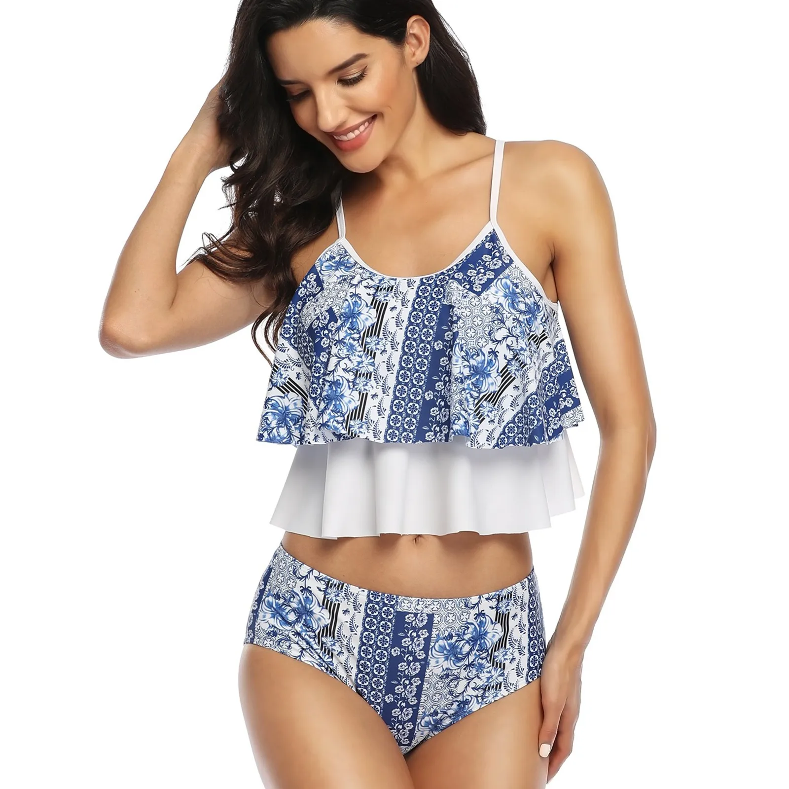 

2pcs Women Swimsuits Bikini Set Push-Up Padded Top High Waist Printed Ruffle Bandage Split Thong Swimwear Sexy Beachwear 2021