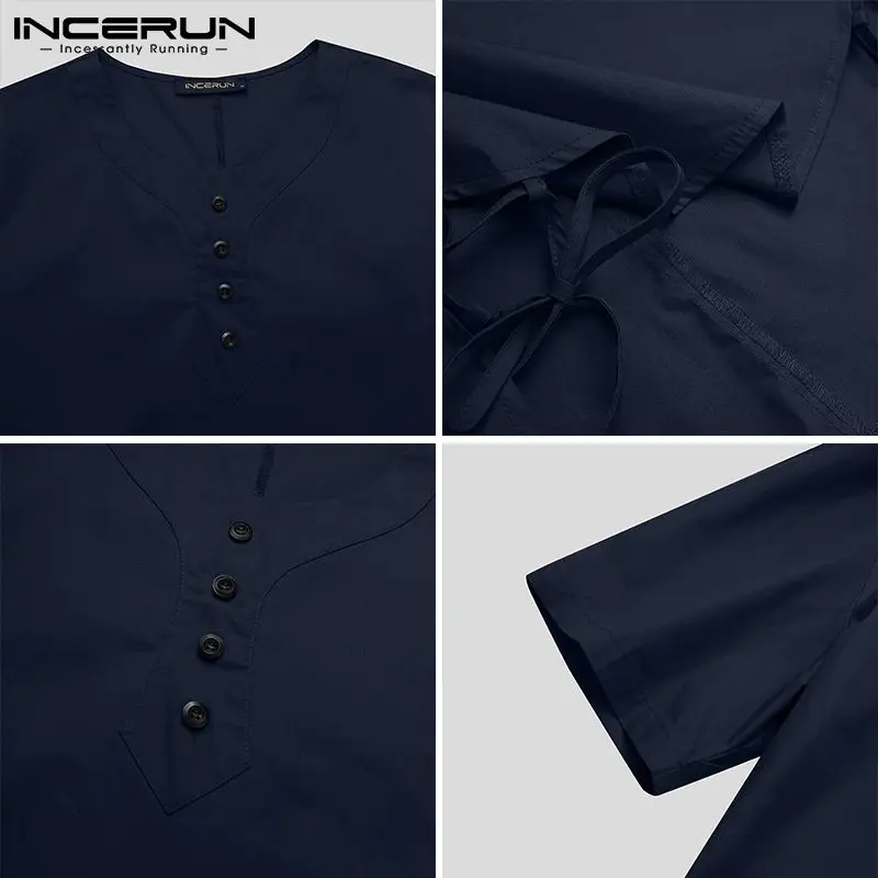 

2021 Men Shirt Cotton O Neck Solid Color Lace Up Breathable Streetwear Tops Short Sleeve Vintage Casual Camisas S-5XL INCERUN