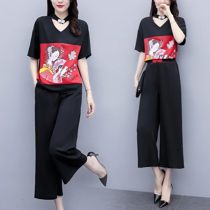 

Wide Leg Pants Two Piece Set Style Elastic Buckle Waist Clothes Chinese Summer 2021 Vintage Loose Printing Women Plus Size Age