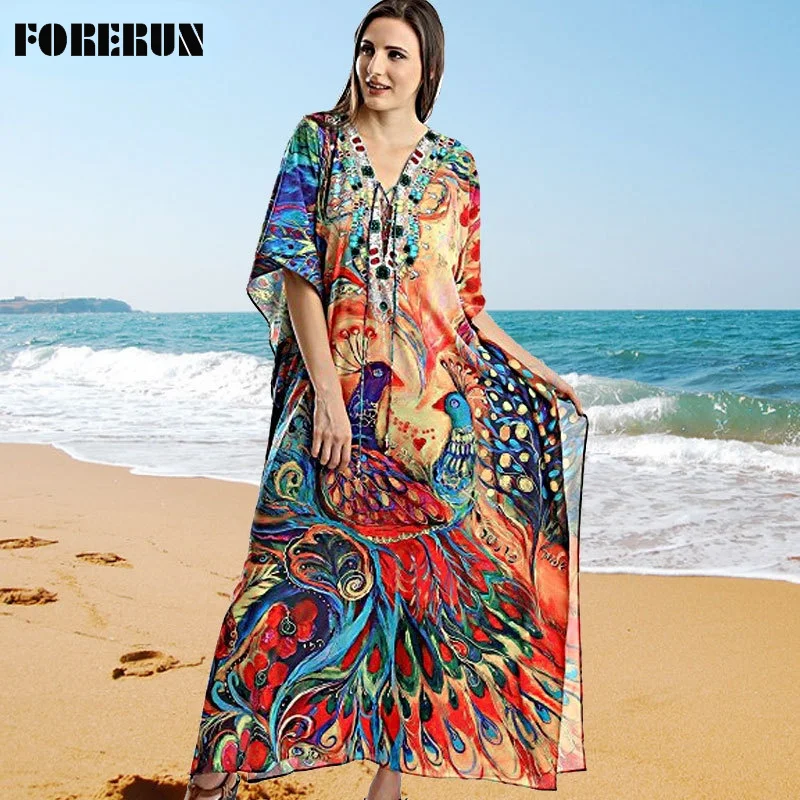

FORERUN Peacock Printed Kaftan Long Dress Women V Neck Loose Robe Plage Femme Tunic Beach Summer Bathing Suit Cover Ups