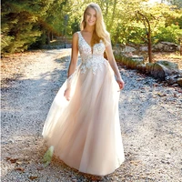 illusion a line v neck tulle wedding dress lace appliques floor length garden bridal gown customized outdoor vestito da sposa