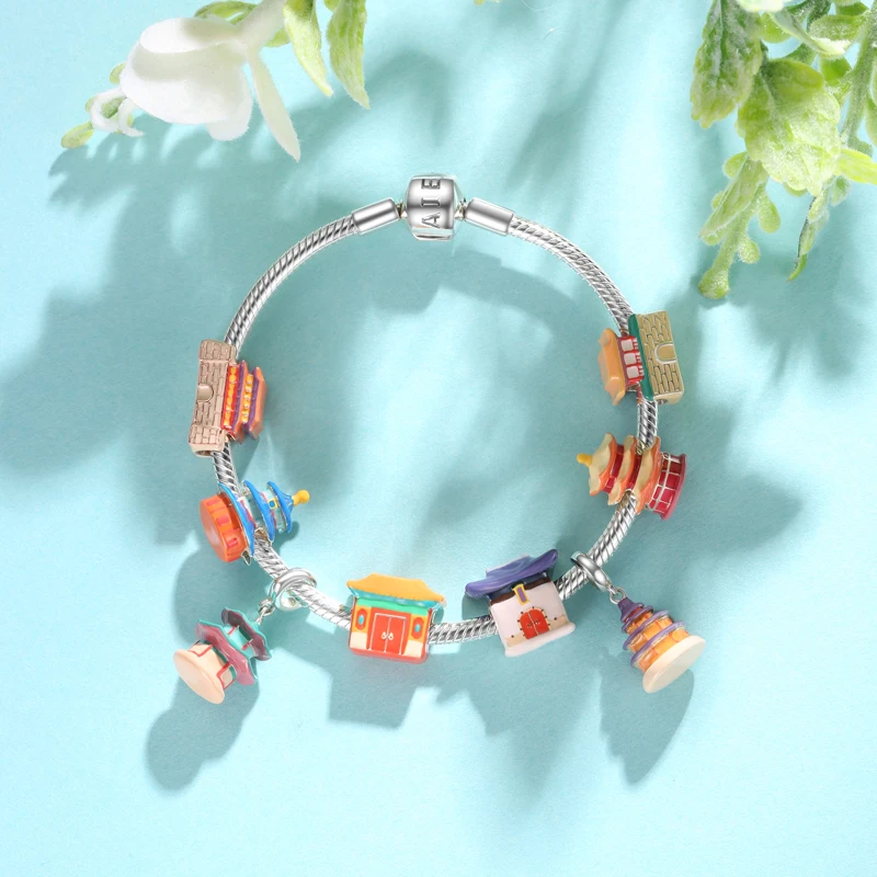 

Ancient Chinese Architecture 925 Sterling Silver Colorful Enamel Charms Fit Original Bracelet Hight Quality Fine Jewelry
