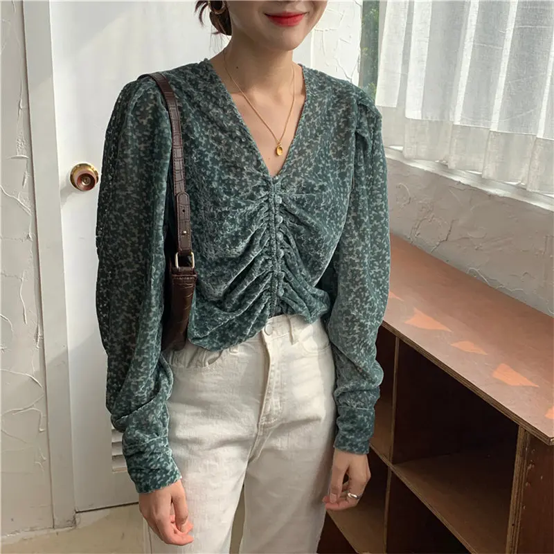 Женские вельветовые Топы HziriP плиссированные топы с v-образным вырезом