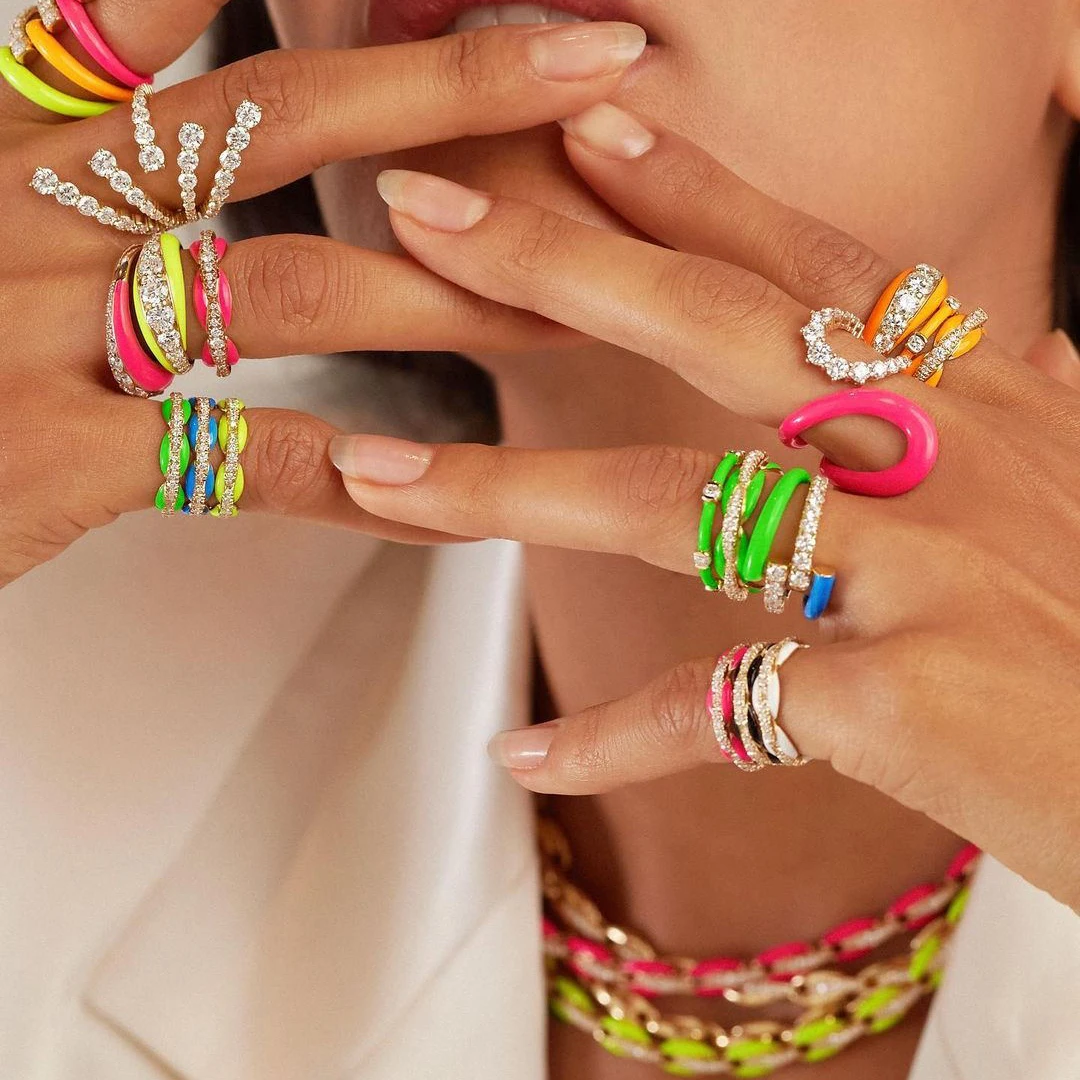 Разноцветные эмалированные кубинские браслеты на палец золотого цвета неоновые