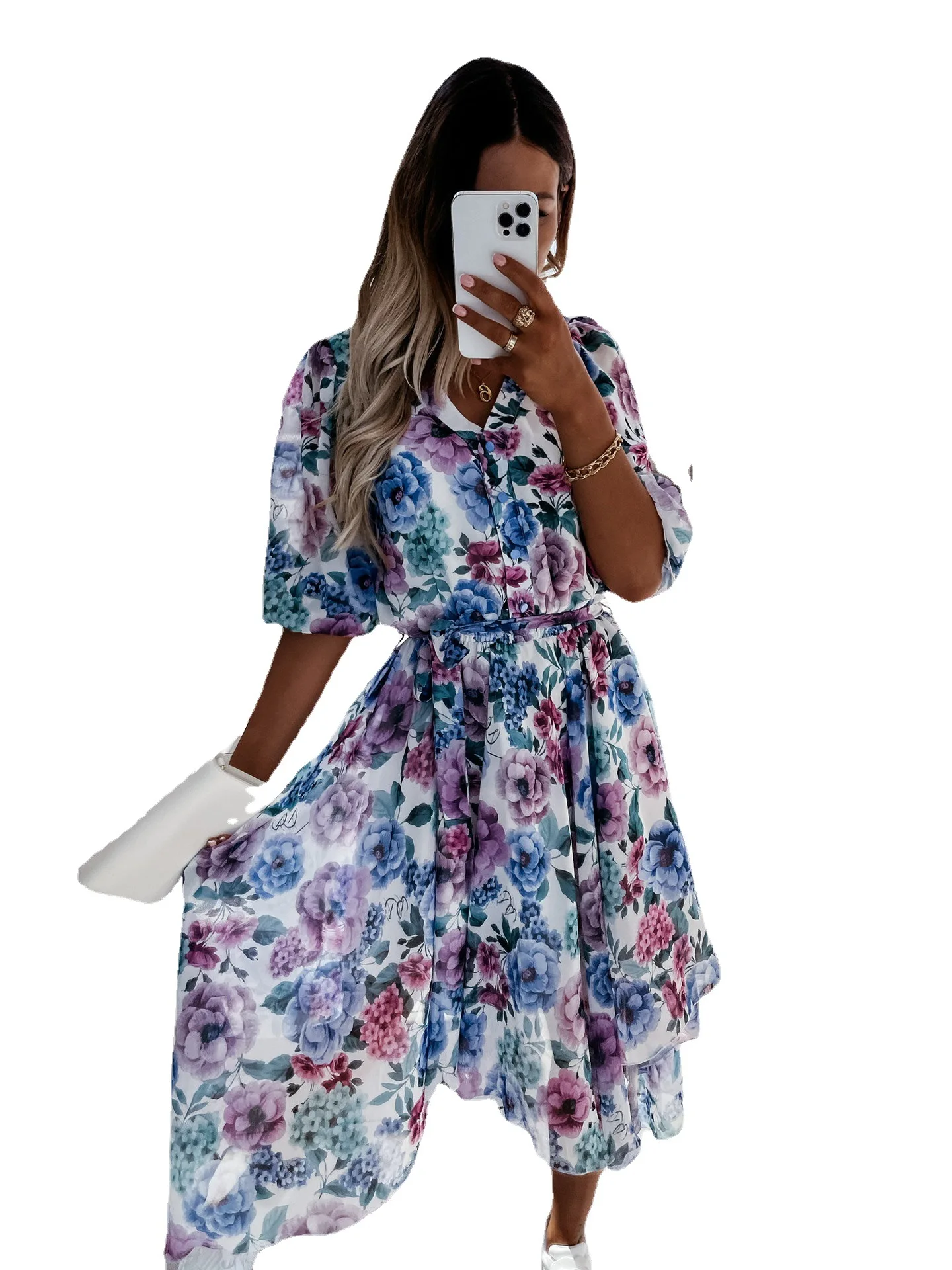 

Nice printed fashion waist single row chiffon dress woman dress