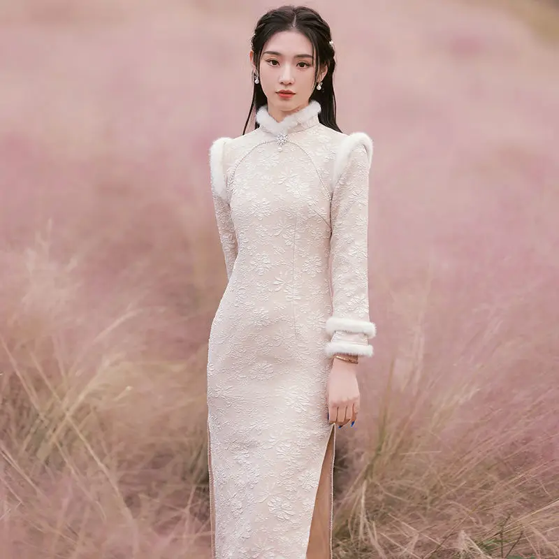 

New Classic Chinese Style Women Cheongsam Exquisite Printing Qipao Elegant Evening Party Vintage Dress Thick Winter Long Dress