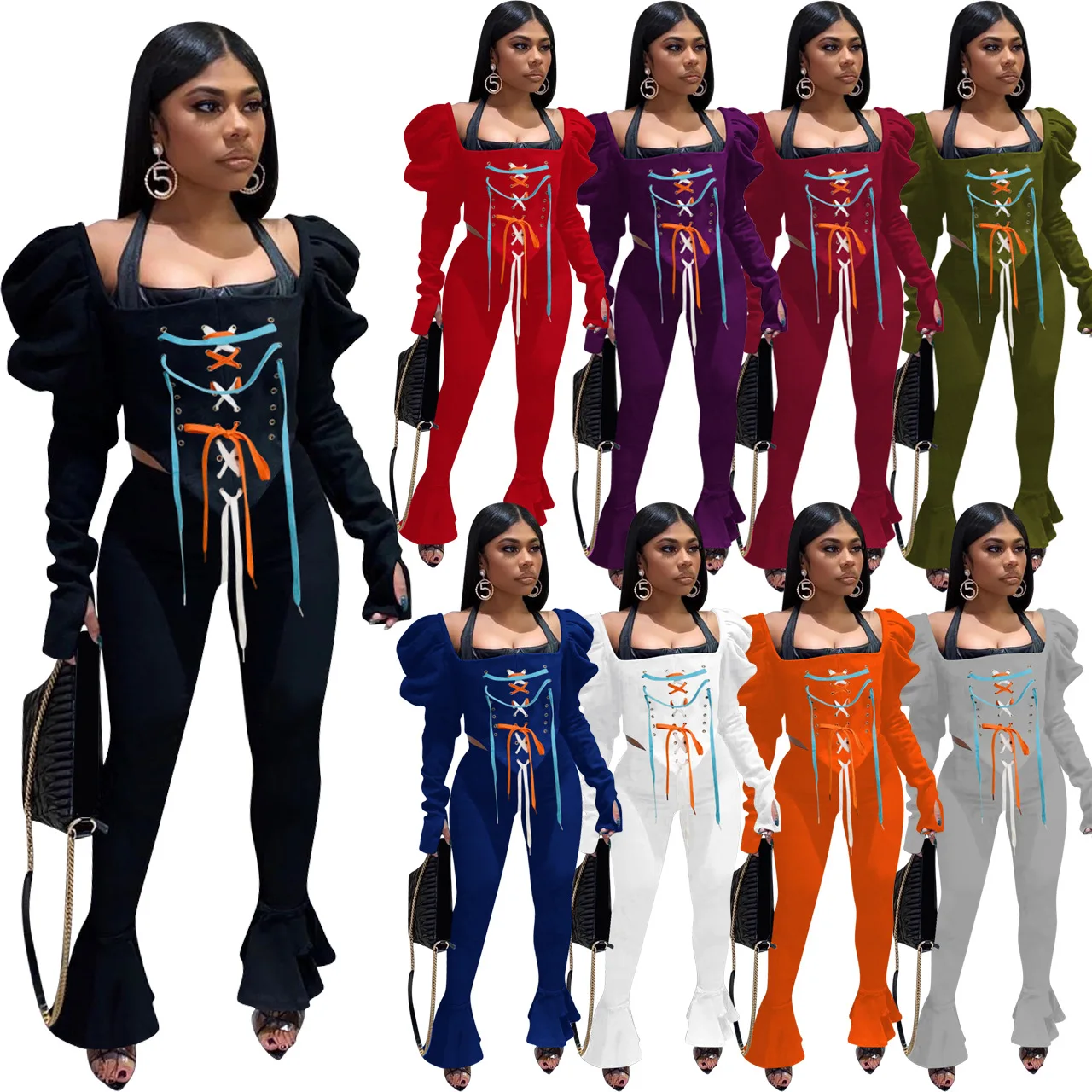 

NK195 European and American women's hot style lace-up ruffled pile sleeves casual suit