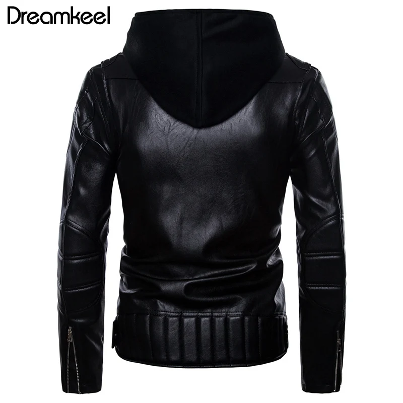 Мужская кожаная куртка с капюшоном черная Повседневная мотоциклетная из