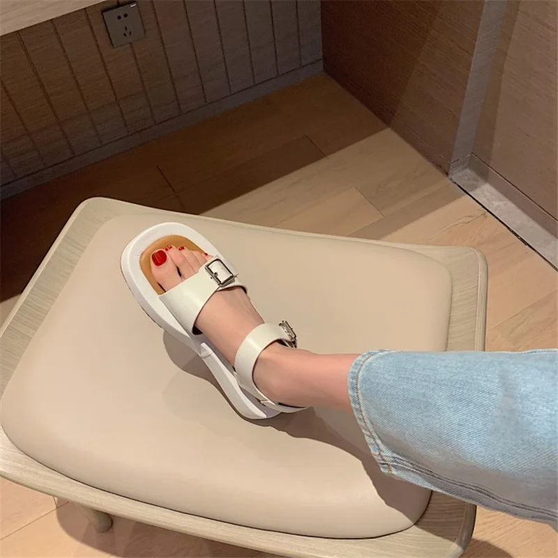 

Summer Round Toe Woman Sandals Square Buckle Flat Platform Thick Bottom Women Shoes Buckle Strap Open Toe Casual Buty Damskie