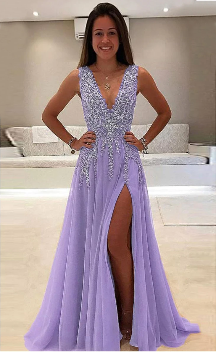 Бисерные Длинные Выпускные платья Роскошные Vestidos De Gala сексуальные с открытой спиной v-образным вырезом тюлевые вечерние строгие вечерние платья вечерние для женщин - Цвет: Purple