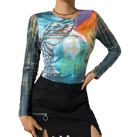 women color block t shirt adults autumn printed long sleeve round neck crop tops