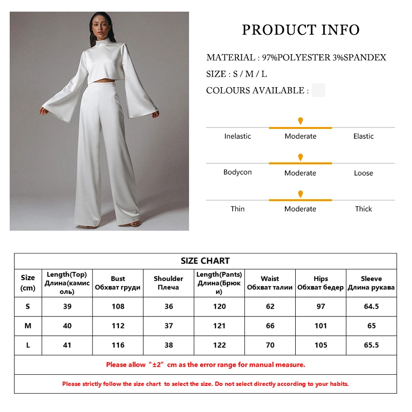 

Clacive White Satin Women Pants Set Autumn Flare Sleeve Backless Blouses Tops Two Piece Pants Set Fashion Wide Leg Trousers Suit