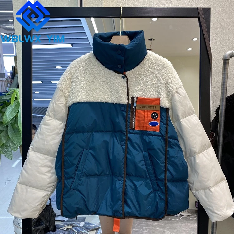 

Lamb wool Spliced Down Jackets Women Pocket Fashion Patchwork Hooded Cotton Coat Thick Warm Parkas Female Loose Winter Jacket