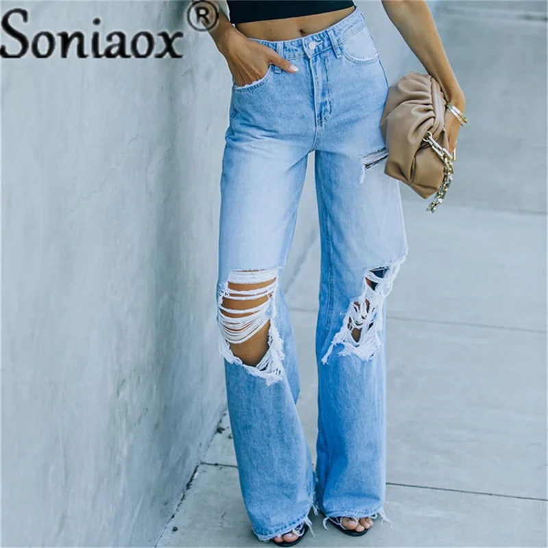 Women Ripped Wide Legs Jeans Streetwear Female High Waist Baggy Straight Leg Pants Casual Solid Hole Boyfriend Denim Trousers