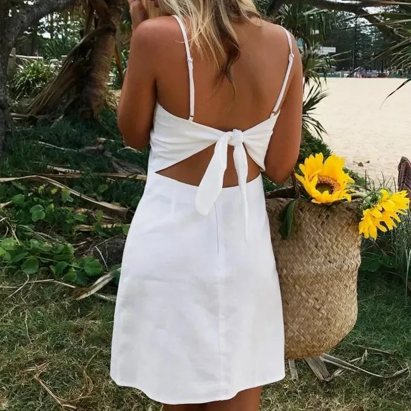 

Bowknot Casual Linen Sexy Dress Open Back Beach Summer Dress Ladies Sundress Slim Fit Tights White Short Skirt Clothing Women