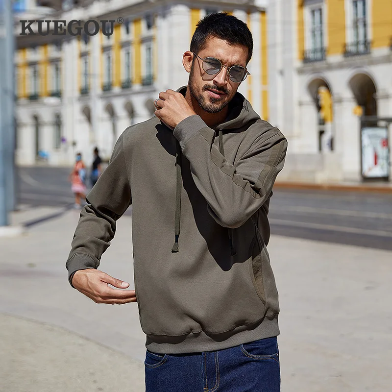 KUEGOU/хлопковая Осенняя мужская толстовка с капюшоном пуловер однотонный зимний