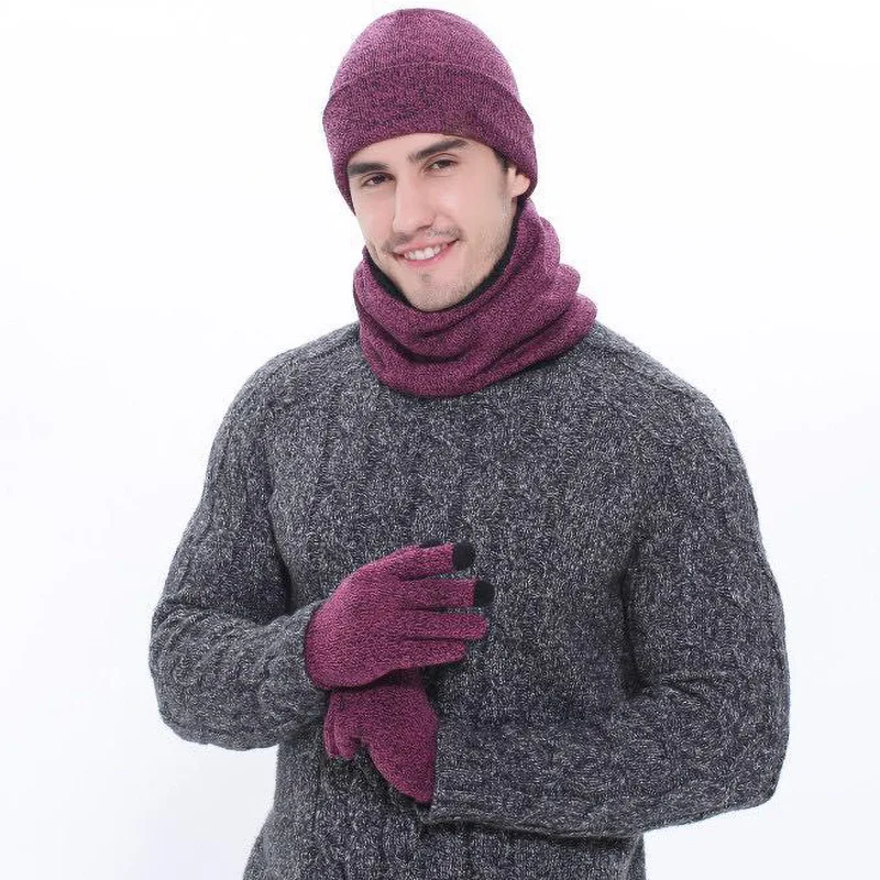 

Men's Scarf Men's Hat Men's Gloves Winter Woolen Scarf Thick Warm Knitted Hat Scarf and Gloves Three-piece Set