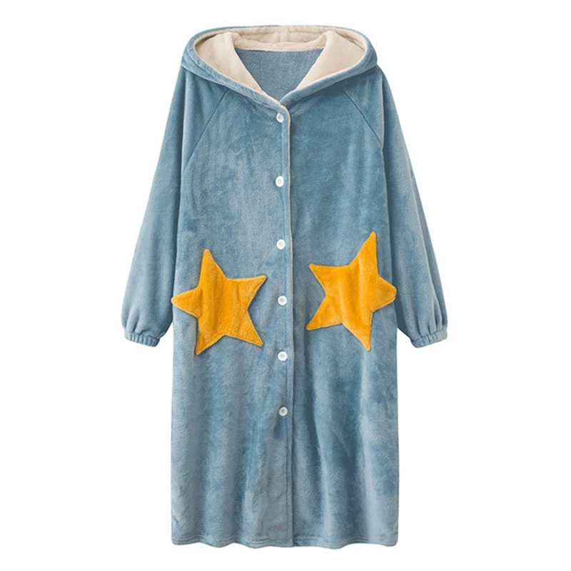 Женский зимний длинный теплый фланелевый Халат со звездами и мультяшным