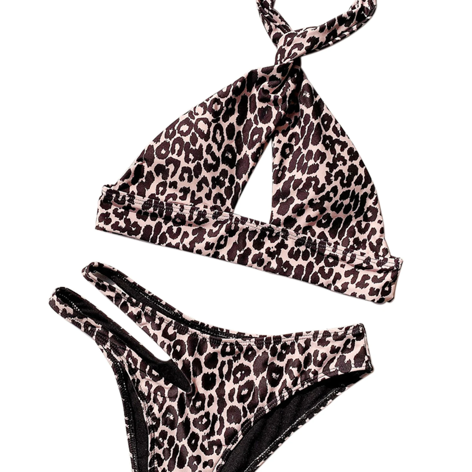 

Foohoostore Womens Sexy Two Piece Split Bikini Fashion Leopard Solid Color Halter Tops Hollow Out Mid-waist Thong Bather Suit