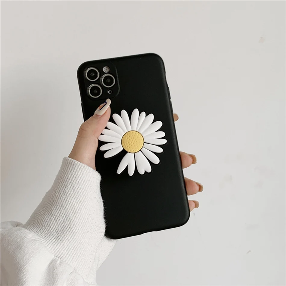Liquid Silicone Case For iPhone 11 XR XS Pro Max Fashion Daisy Flower Stand Cover 7 8 Plus 6s SE 2020 Soft Coque |