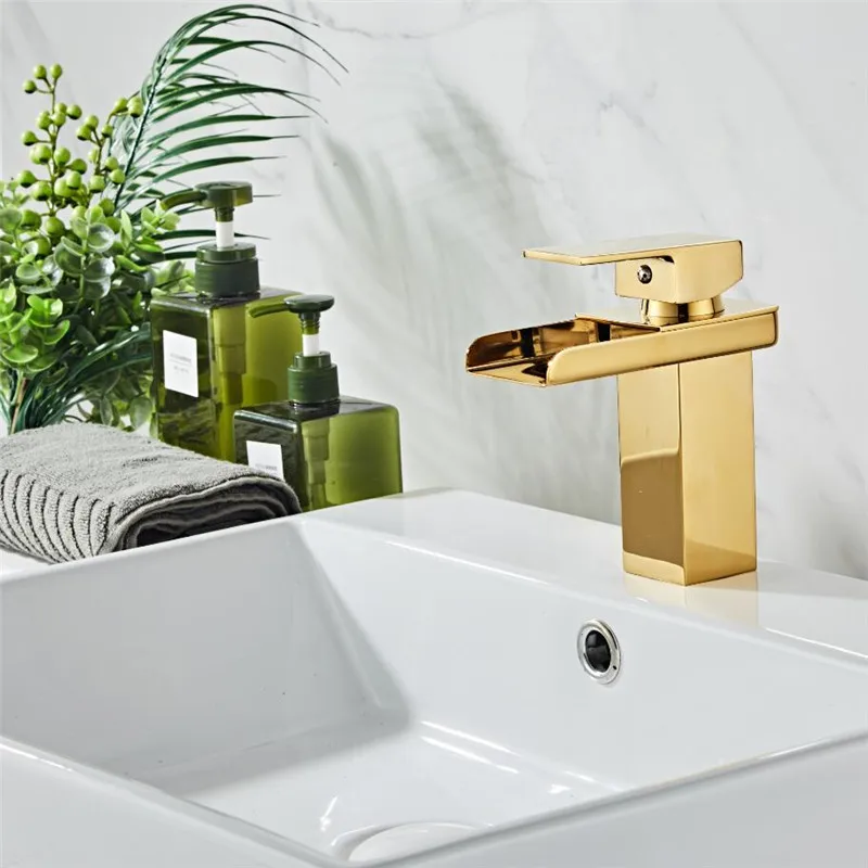 New Arrival Crane Gold color Waterfall Faucet Sink Mixer Tap Vanity Hot Cold Water Bathroom Faucets Single Handle Basin | Обустройство