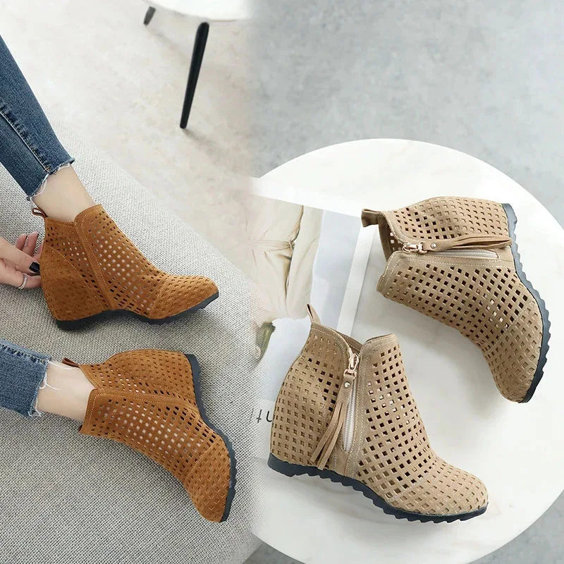 

2021 New Women's Summer Boots Flat Low Hidden Wedges Cutout Boots Ladies Dress Casual Flat Shoes Hot Sale Large Size 34-43