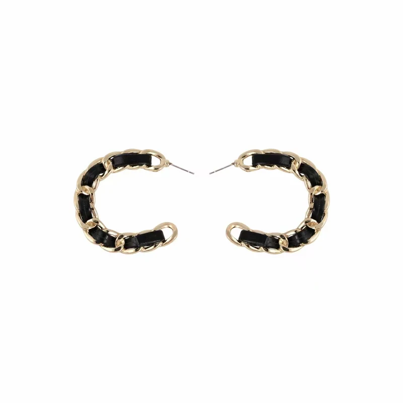 

Vintage Twisted Gold Color Chain Black Leather Hoop Earrings 2021 Trendy Minimalist Retro Punk Piercing Earrings Bijoux Femme
