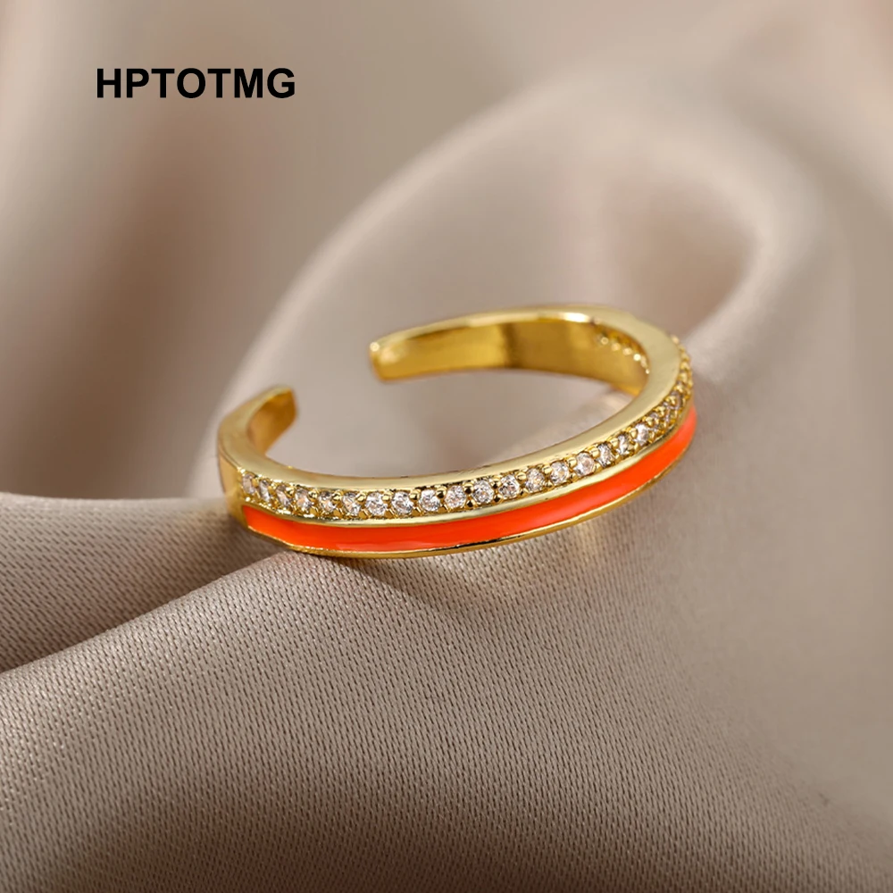 

Vintage CZ Pave Zircon Open Rings for Women French Orange Enamel Punk Wedding Rings 2021 Trend Jewelry Gifts anillos bague