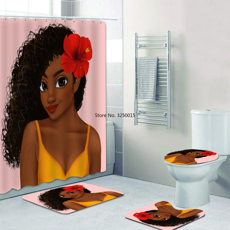 Home Decor Purple African American Women Girl Black Afro Shower Curtain Set Bathroom Bath Mat Rug Carpet Toilet | Дом и сад