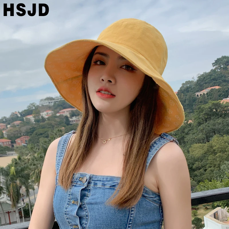 Double Sided Foldable Bucket Hat Summer Women Cotton Sun Hats Large Brim Anti-UV Beach Cap Female Holiday Floppy Caps Bonnet