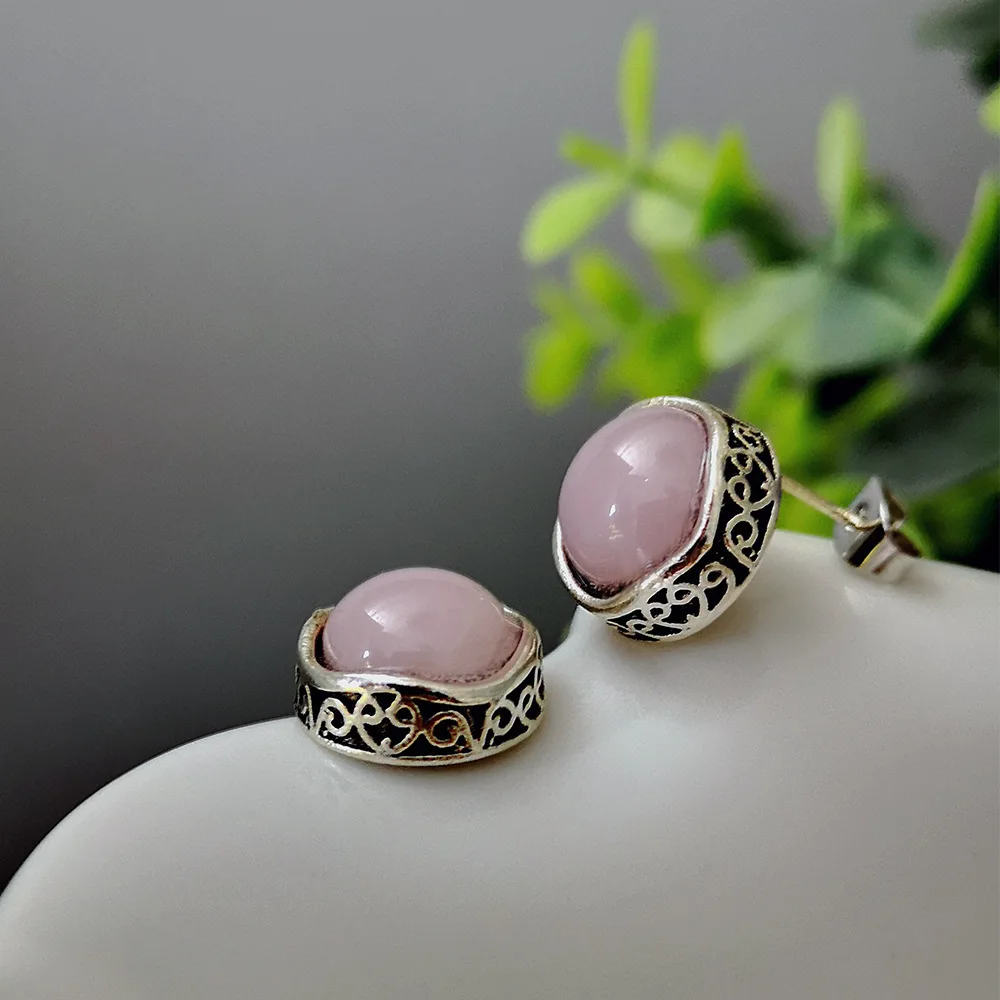 

European and American Silver-Plated Flower Earrings New Bohemian Vintage Pink Crystal Natural Stone Earrings Women's Jewelry