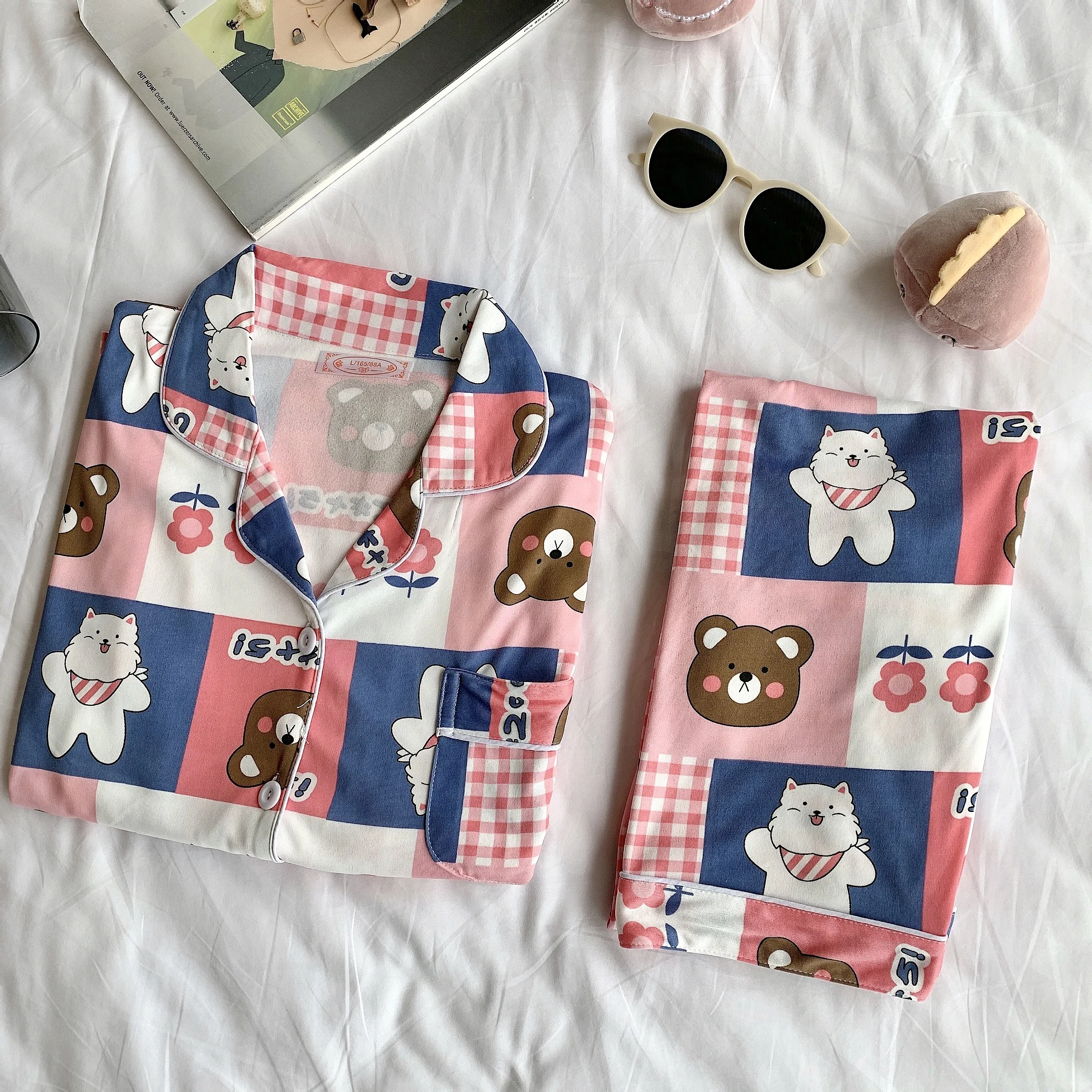 

Caiyier Spring Autumn Women Pajama Sets Cute Mouse Print Turn-down Collar Nightgown Causal Cotton Sleepwear Homewear