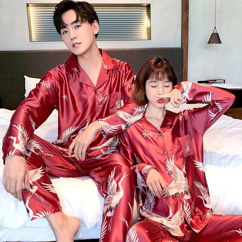 QWEEK Satin Pajamas for Women Animal Print Couple Sleepwear Chinese Style Pijama Silk Autumn Pyjama Pant Set 2 Piece Loungewear