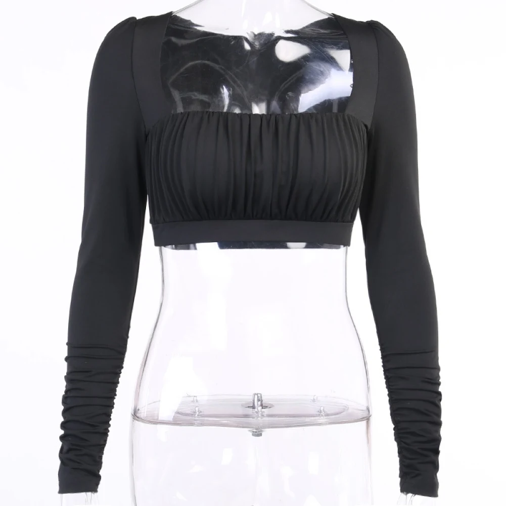 

2Pcs Women Sexy Long Sleeve Crop Top Ruched Square Collar Bodycon Shorts Outfit Women Summer Fashion 2Pcs Set Top Sexy Short